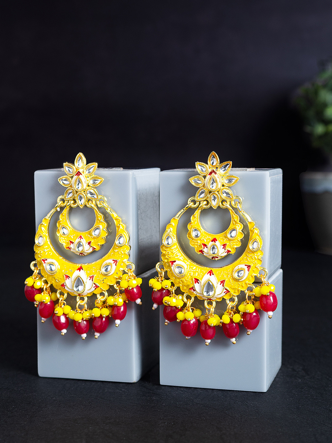 

Golden Peacock Yellow & Red Crescent Shaped Chandbalis Earrings
