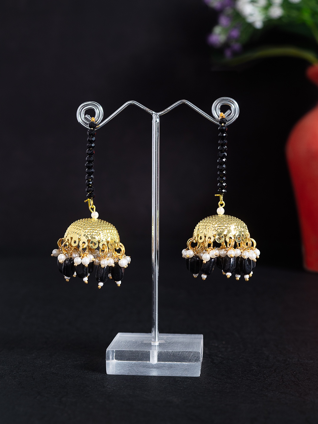 

Golden Peacock Black & Gold-Toned Dome Shaped Jhumkas Earrings