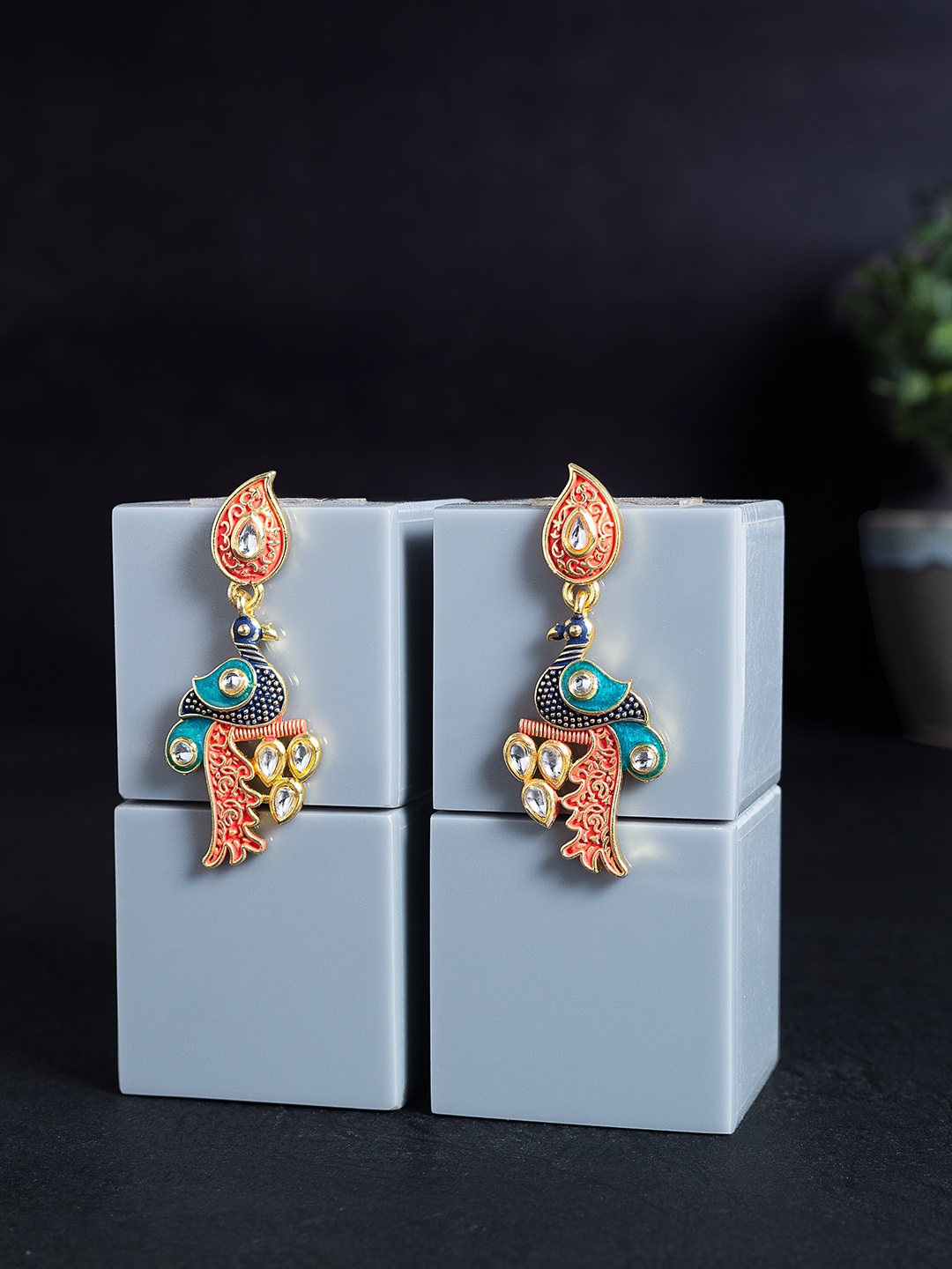 

Golden Peacock Orange & Navy Blue Peacock Shaped Drop Earrings