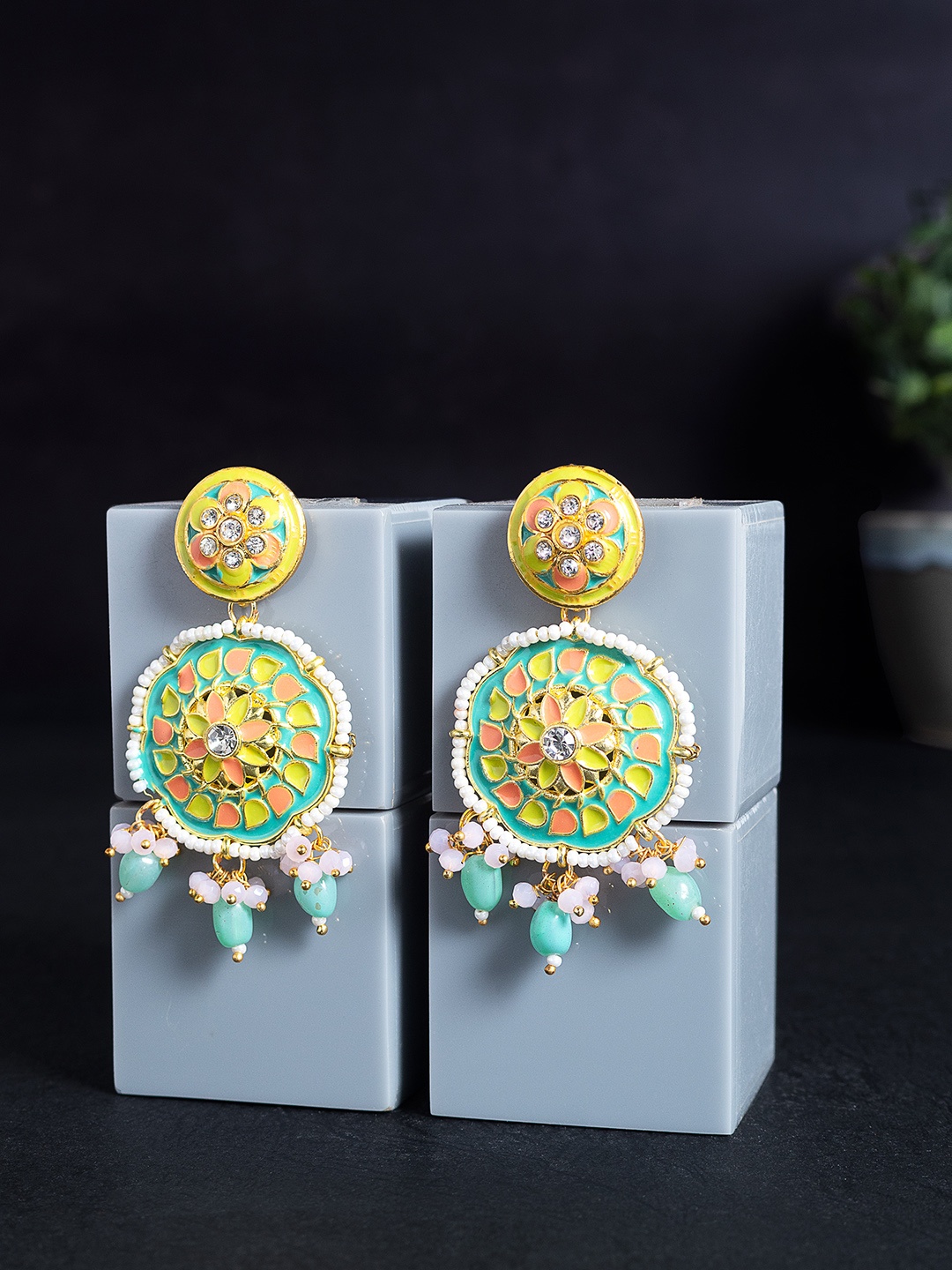 

Golden Peacock Sea Green & Gold-Toned Circular Drop Earrings