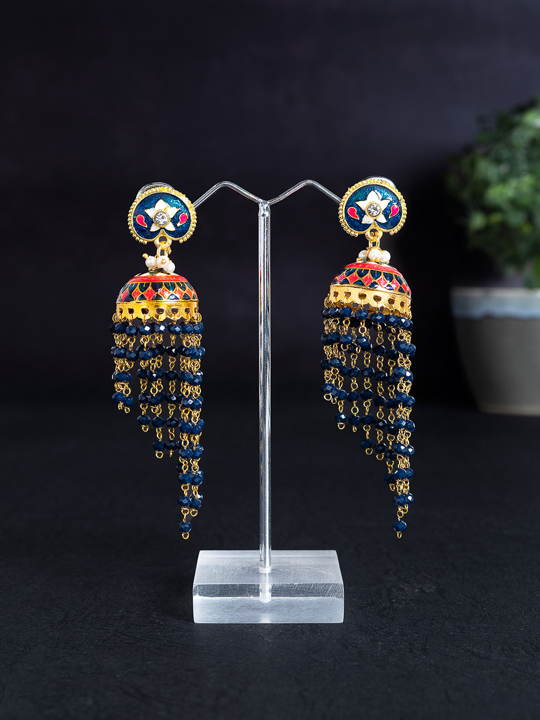 

Golden Peacock Navy Blue & Gold-Toned Dome Shaped Drop Earrings
