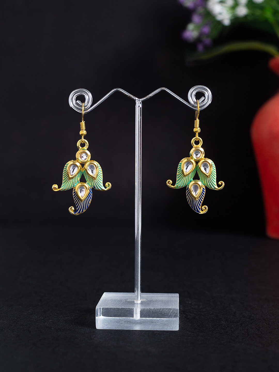 

Golden Peacock Green & Navy Blue Paisley Shaped Drop Earrings
