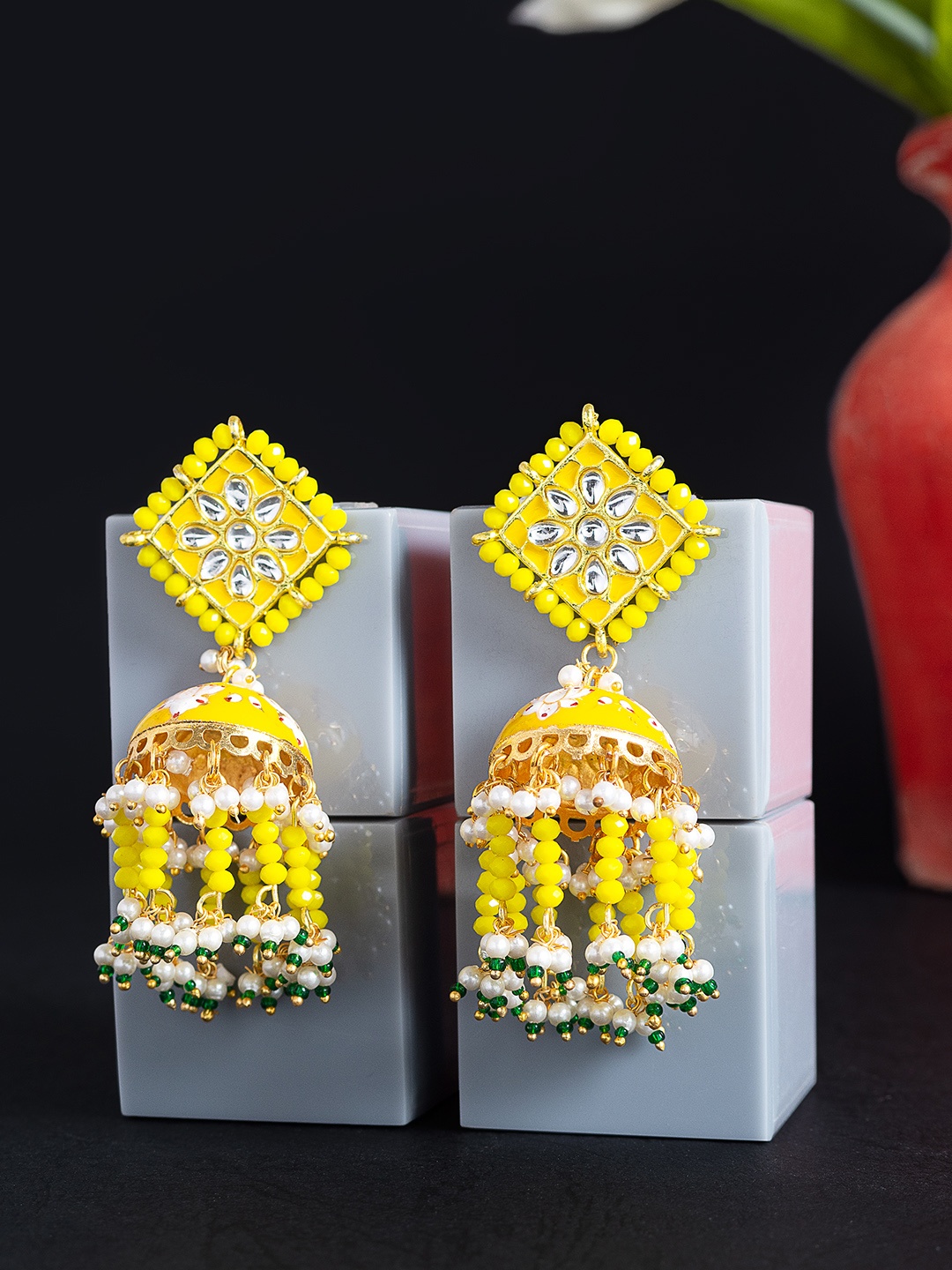 

Golden Peacock Yellow & Gold-Toned Dome Shaped Jhumkas Earrings