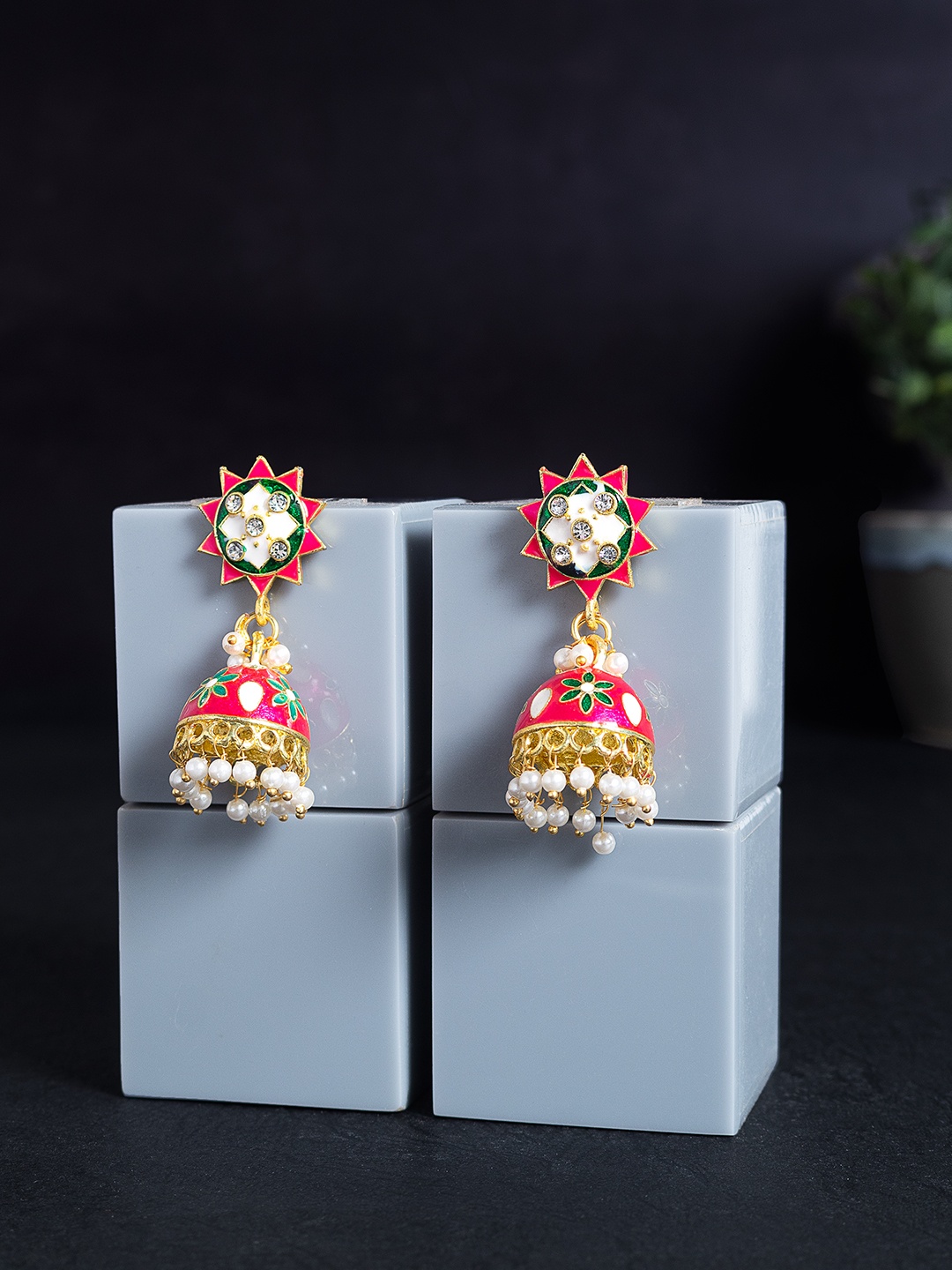 

Golden Peacock Pink & Gold-Toned Dome Shaped Jhumkas Earrings