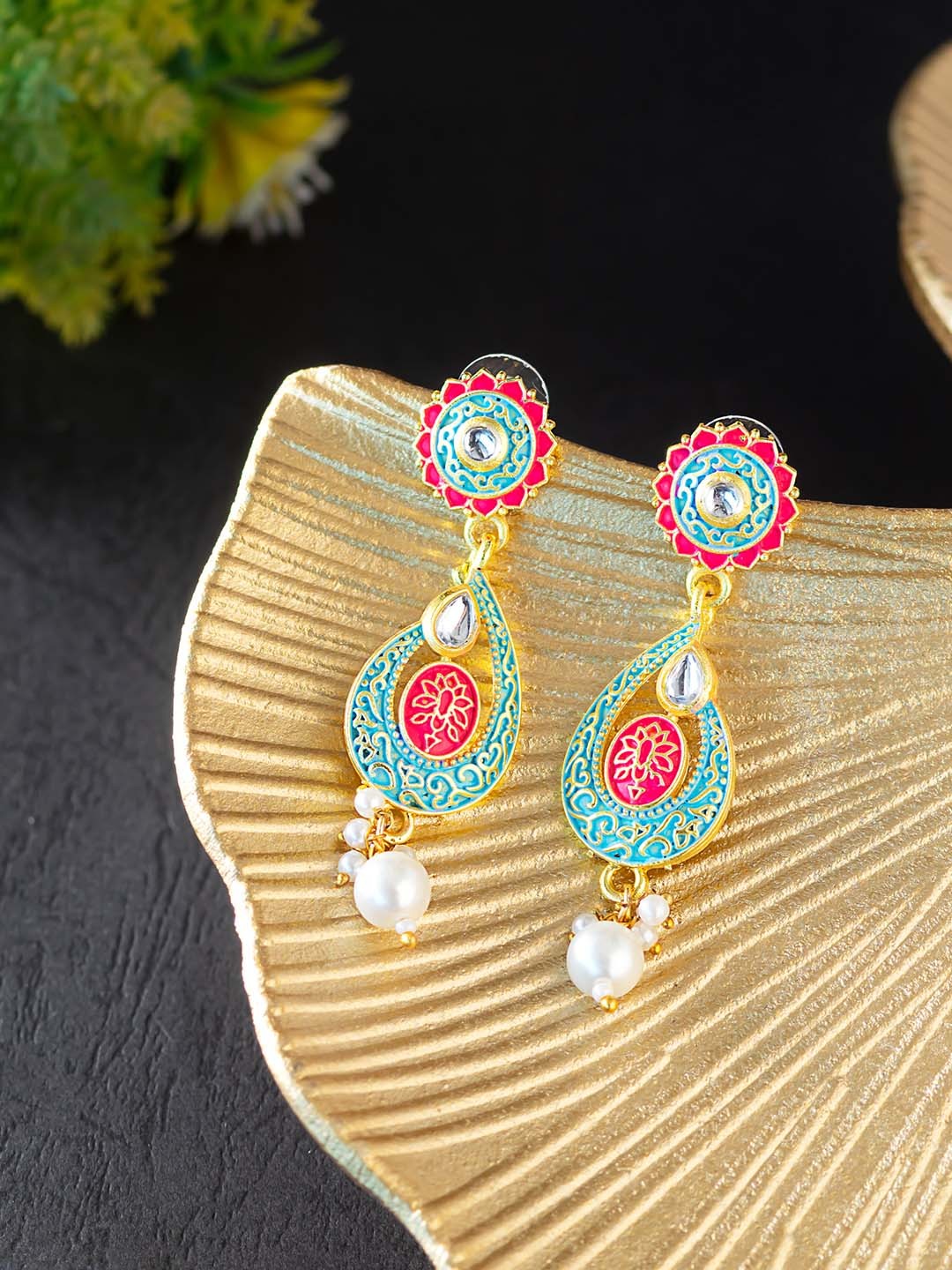 

Golden Peacock Green & Pink Classic Drop Earrings