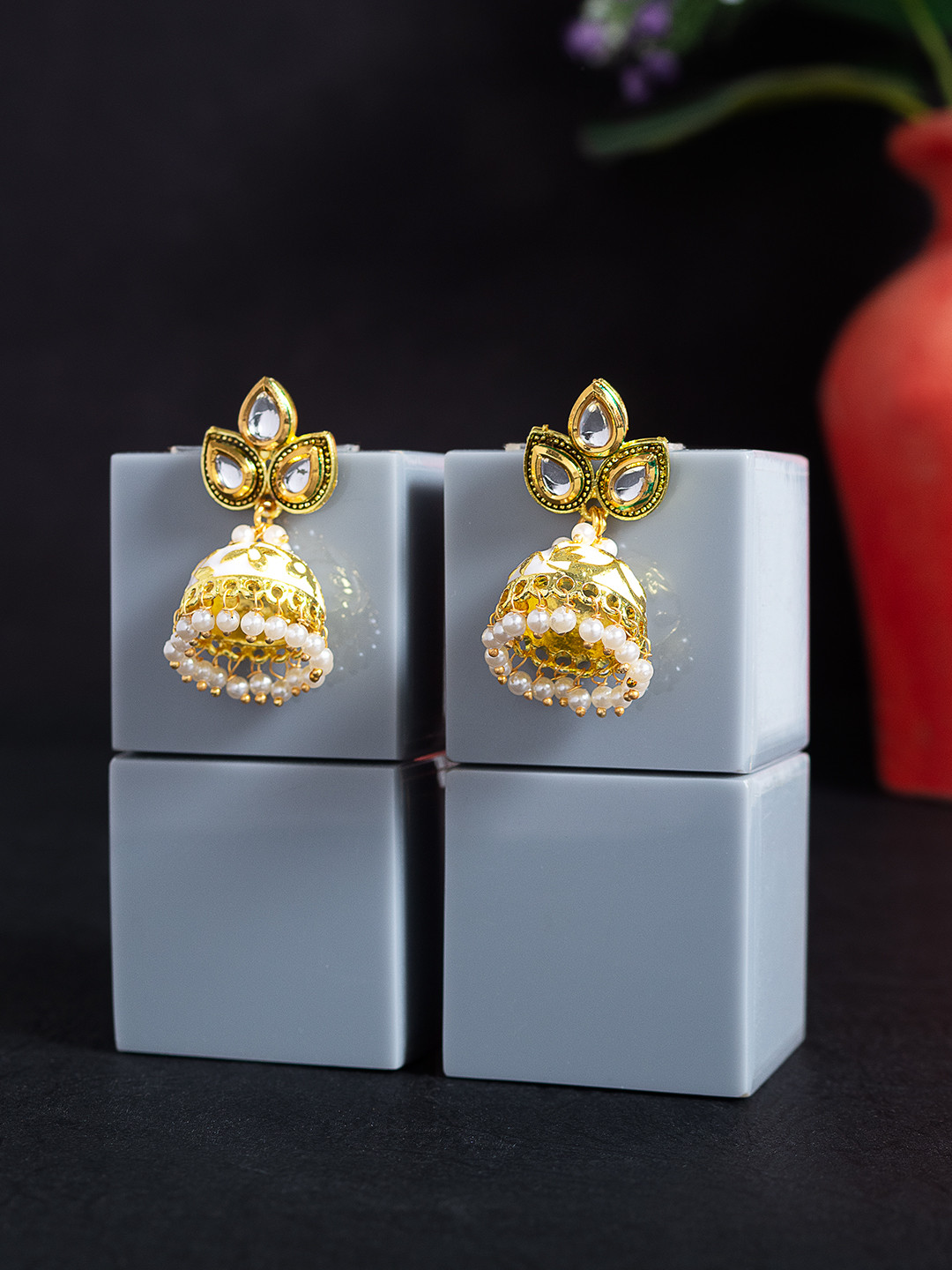 

Golden Peacock White & Gold-Toned Dome Shaped Jhumkas Earrings