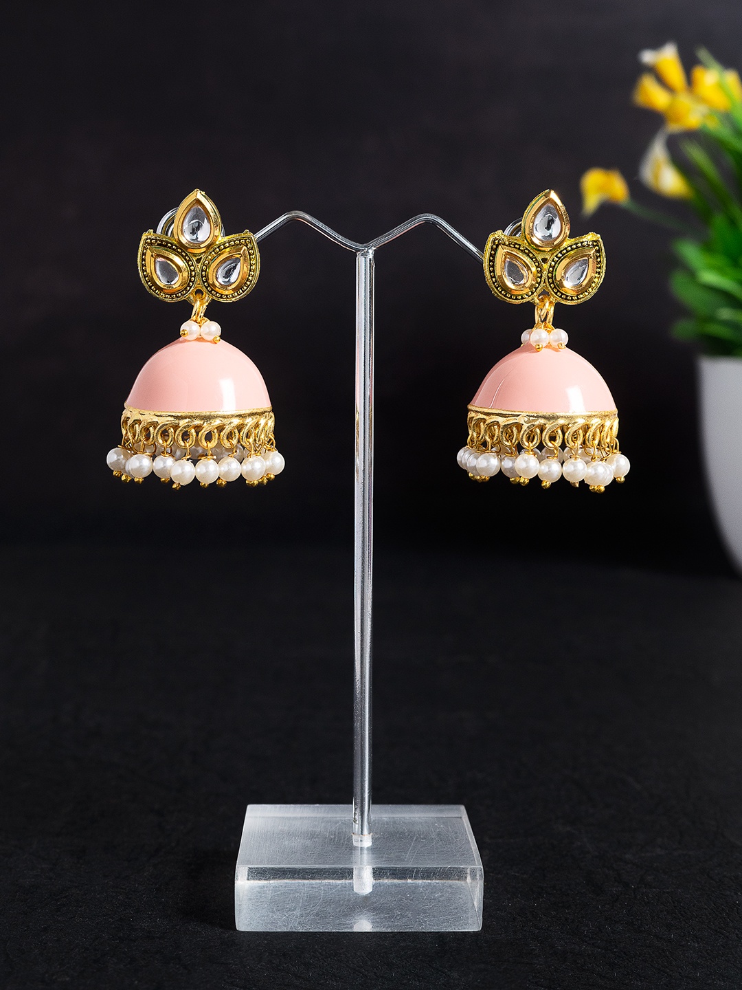 

Golden Peacock Peach-Coloured & White Dome Shaped Jhumkas Earrings