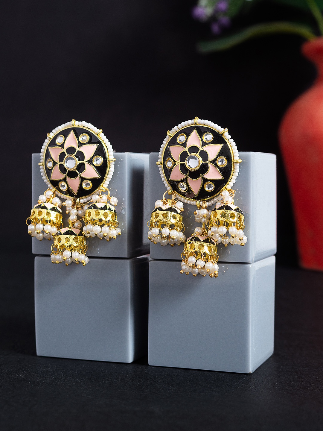 

Golden Peacock Peach-Coloured & Black Circular Drop Earrings