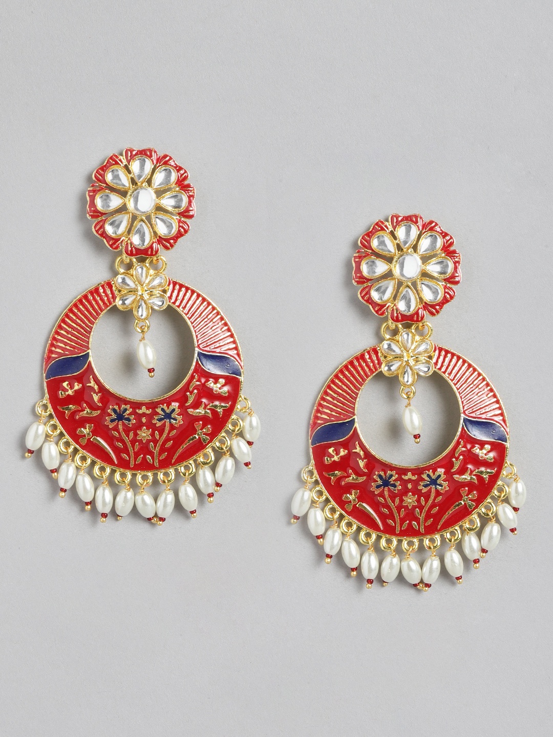 

Golden Peacock Red & White Crescent Shaped Chandbalis Earrings