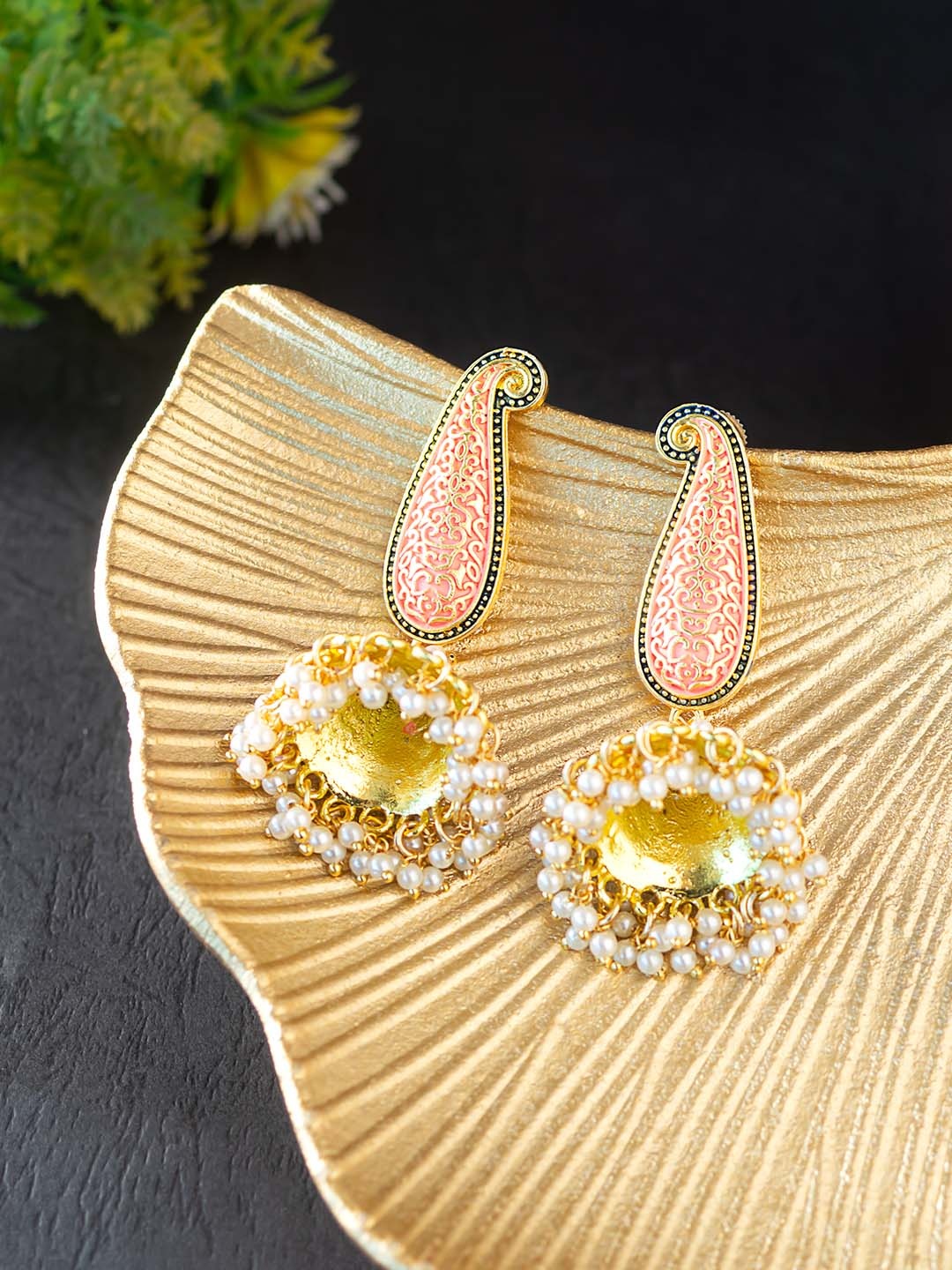 

Golden Peacock Peach-Coloured & Blue Paisley Shaped Jhumkas Earrings