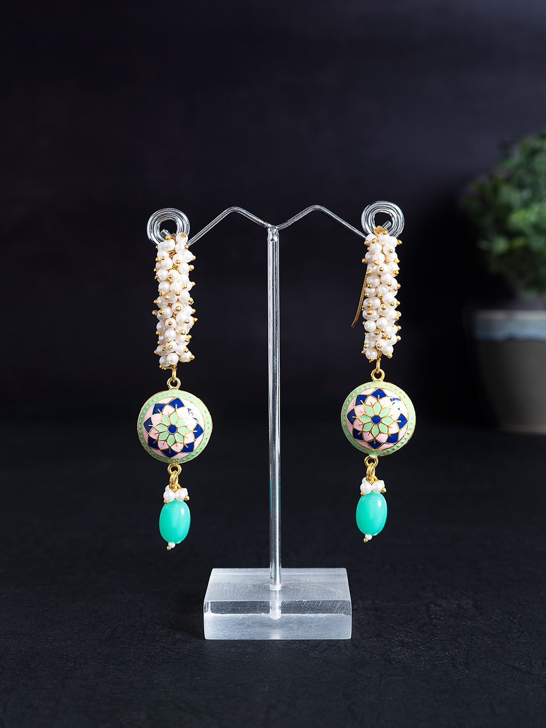 

Golden Peacock Pink & Green Classic Drop Earrings