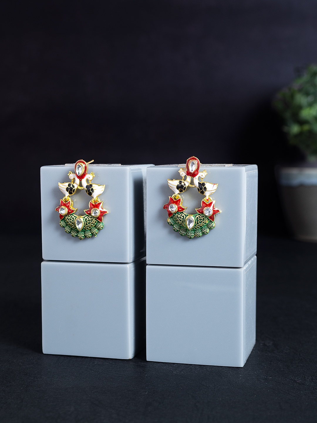 

Golden Peacock White & Green Peacock Shaped Drop Earrings