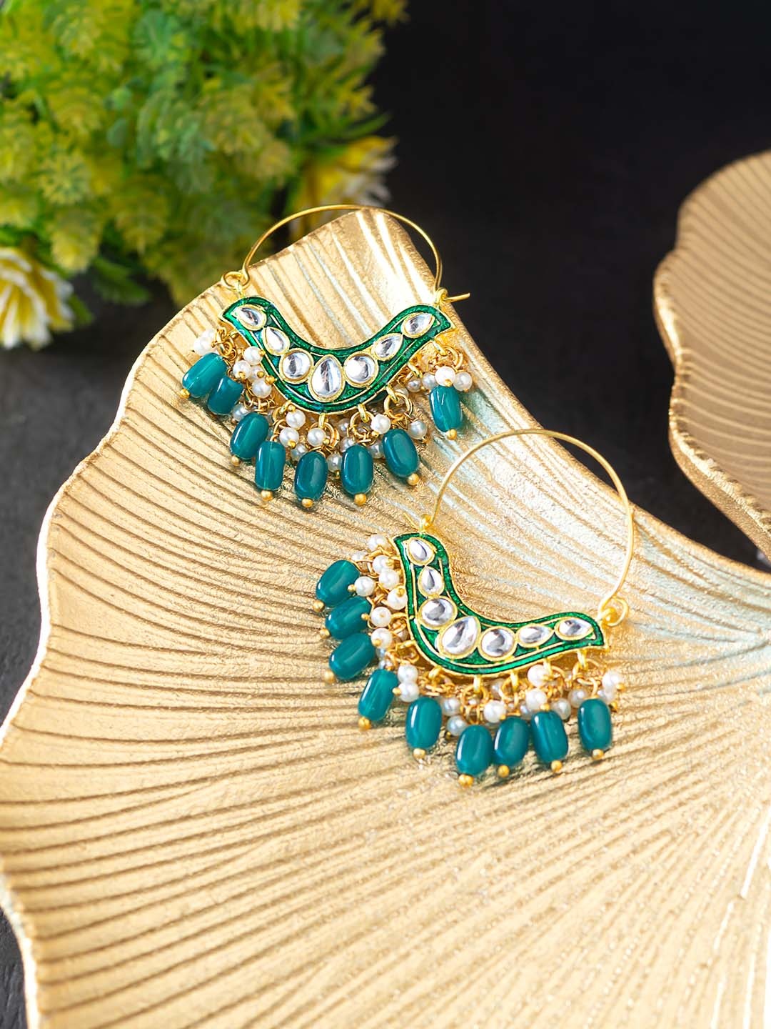 

Golden Peacock Green & White Contemporary Hoop Earrings