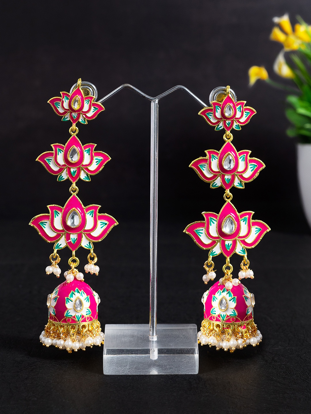 

Golden Peacock Pink & Gold-Toned Floral Drop Earrings