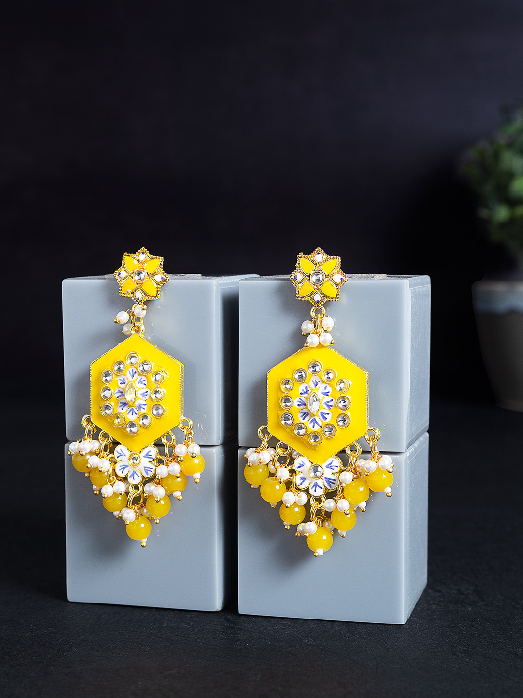 

Golden Peacock Yellow & Gold-Toned Floral Drop Earrings
