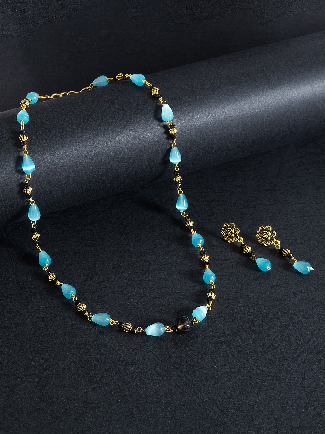 

Golden Peacock Women Turquoise Blue & Black Beaded Necklace & Earrings