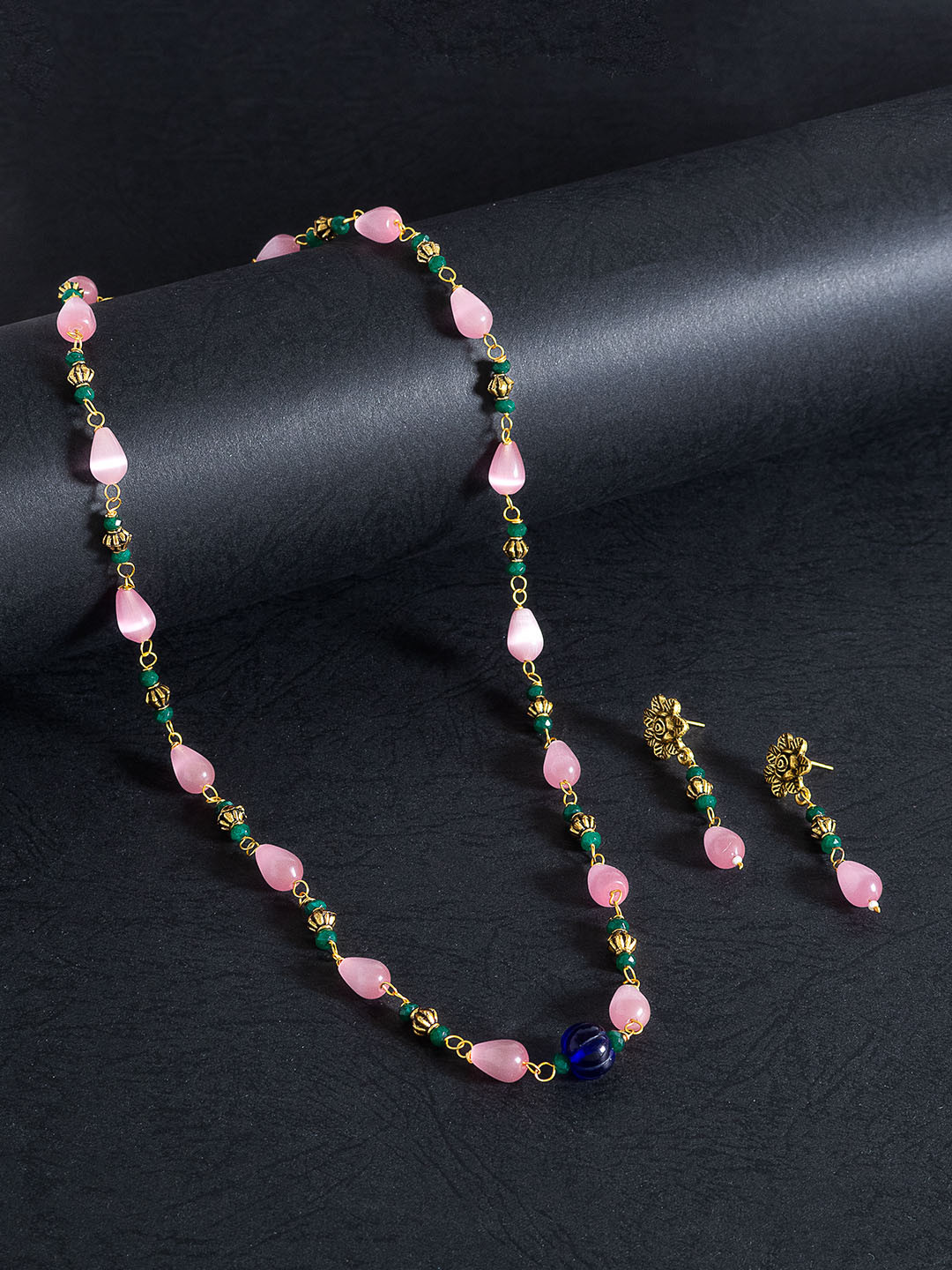 

Golden Peacock Women Pink & Green Beaded Necklace & Earrings