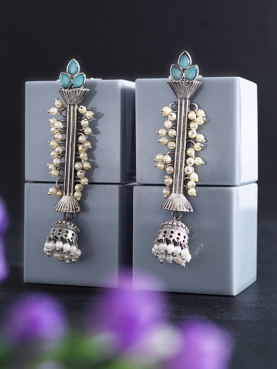 

Golden Peacock Blue & Silver-Toned Contemporary Drop Earrings