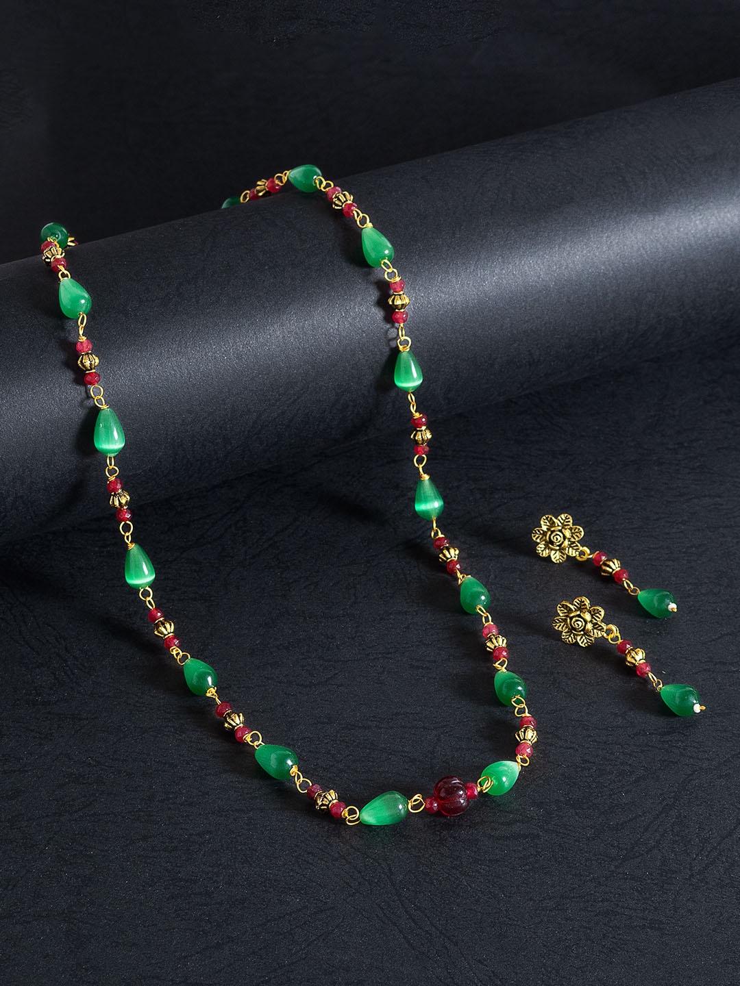 

Golden Peacock Women Green & Red Beaded Necklace & Earrings