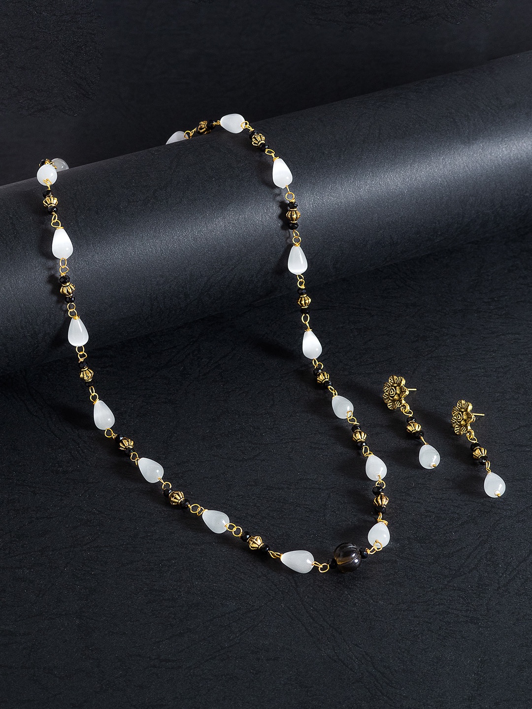 

Golden Peacock Women Gold-Toned & White Beaded Necklace & Earrings