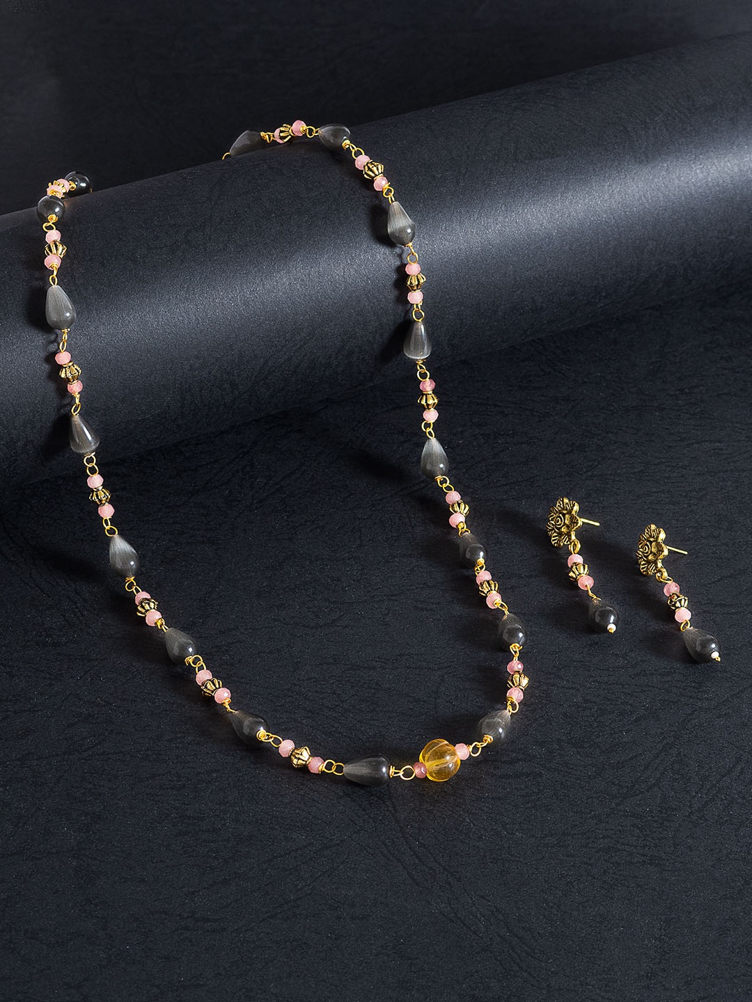

Golden Peacock Women Gold-Toned & Grey Beaded Necklace & Earrings