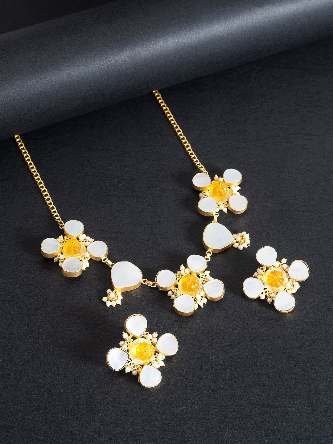 

Golden Peacock Women Gold-Toned & White Floral Mother of Pearl Studded Necklace & Earrings