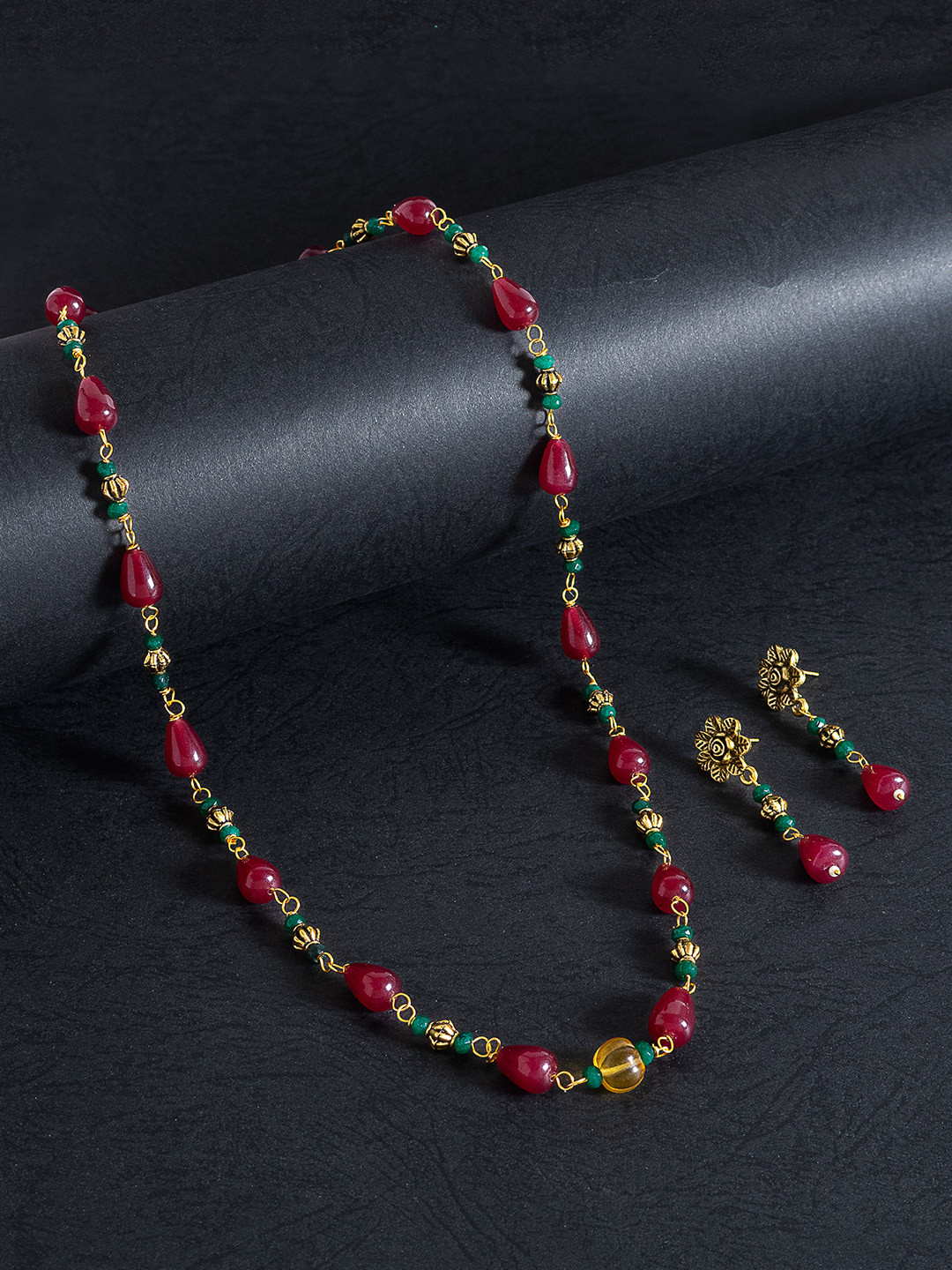 

Golden Peacock Women Green & Maroon Beaded Necklace & Earrings