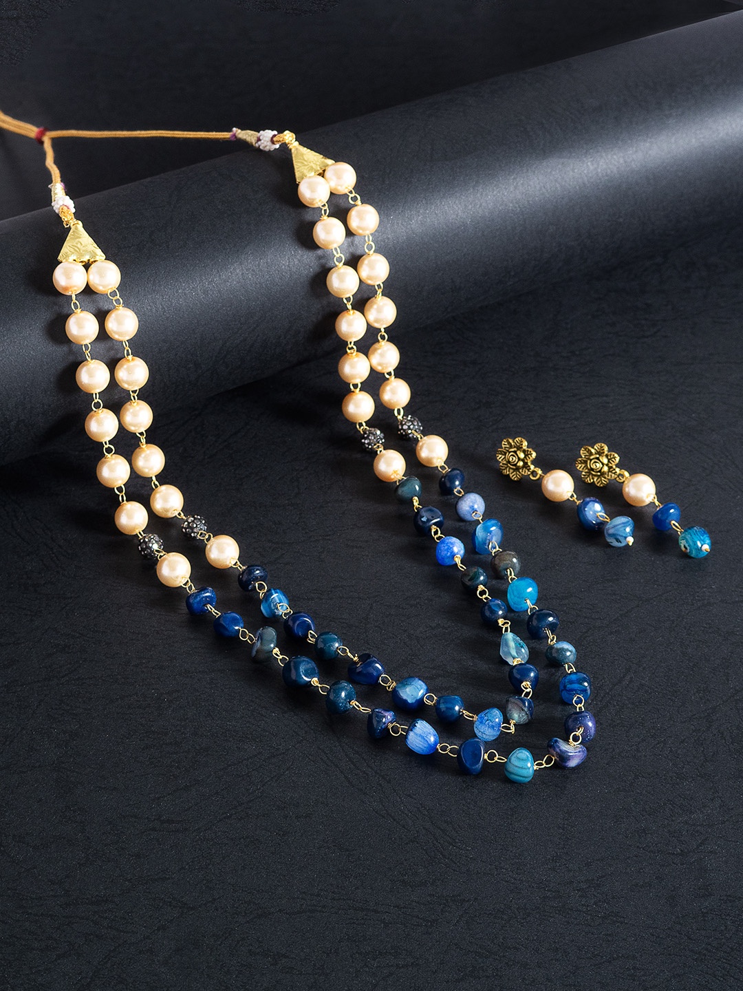 

Golden Peacock Women Off-White & Navy Blue Beaded Layered Necklace & Earrings