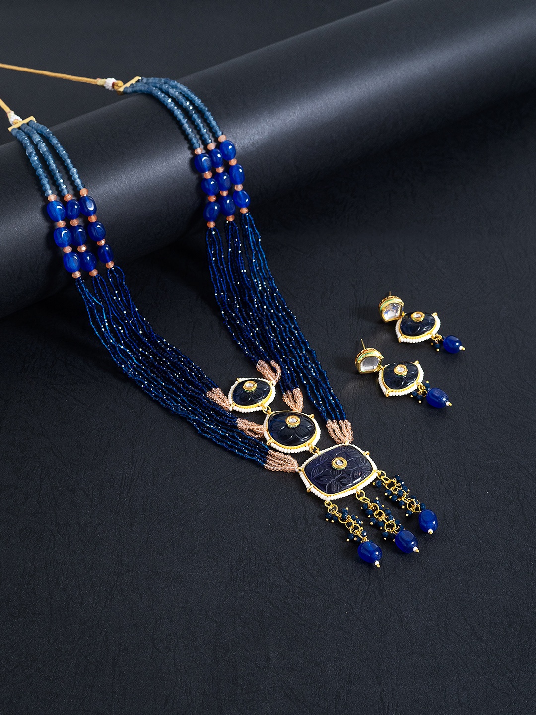 

Golden Peacock Women Navy Blue & Pink Beaded Layered Necklace & Earrings