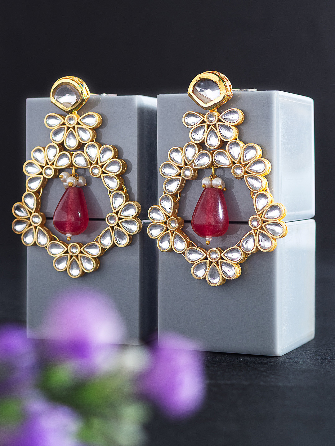 

Golden Peacock Red & Gold-Toned Contemporary Drop Earrings
