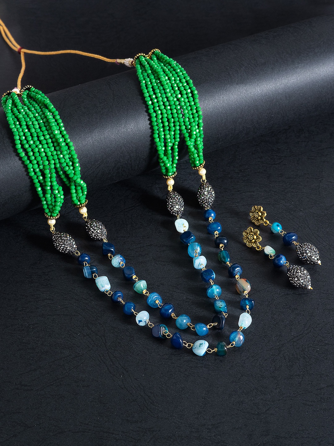 

Golden Peacock Women Blue & Green Beaded Layered Necklace & Earrings