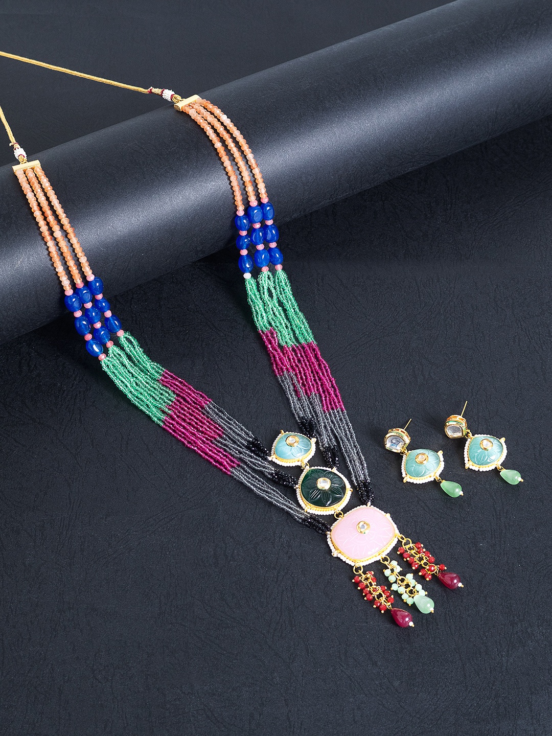 

Golden Peacock Women Multicoloured Beaded Layered Necklace & Earrings, Multi