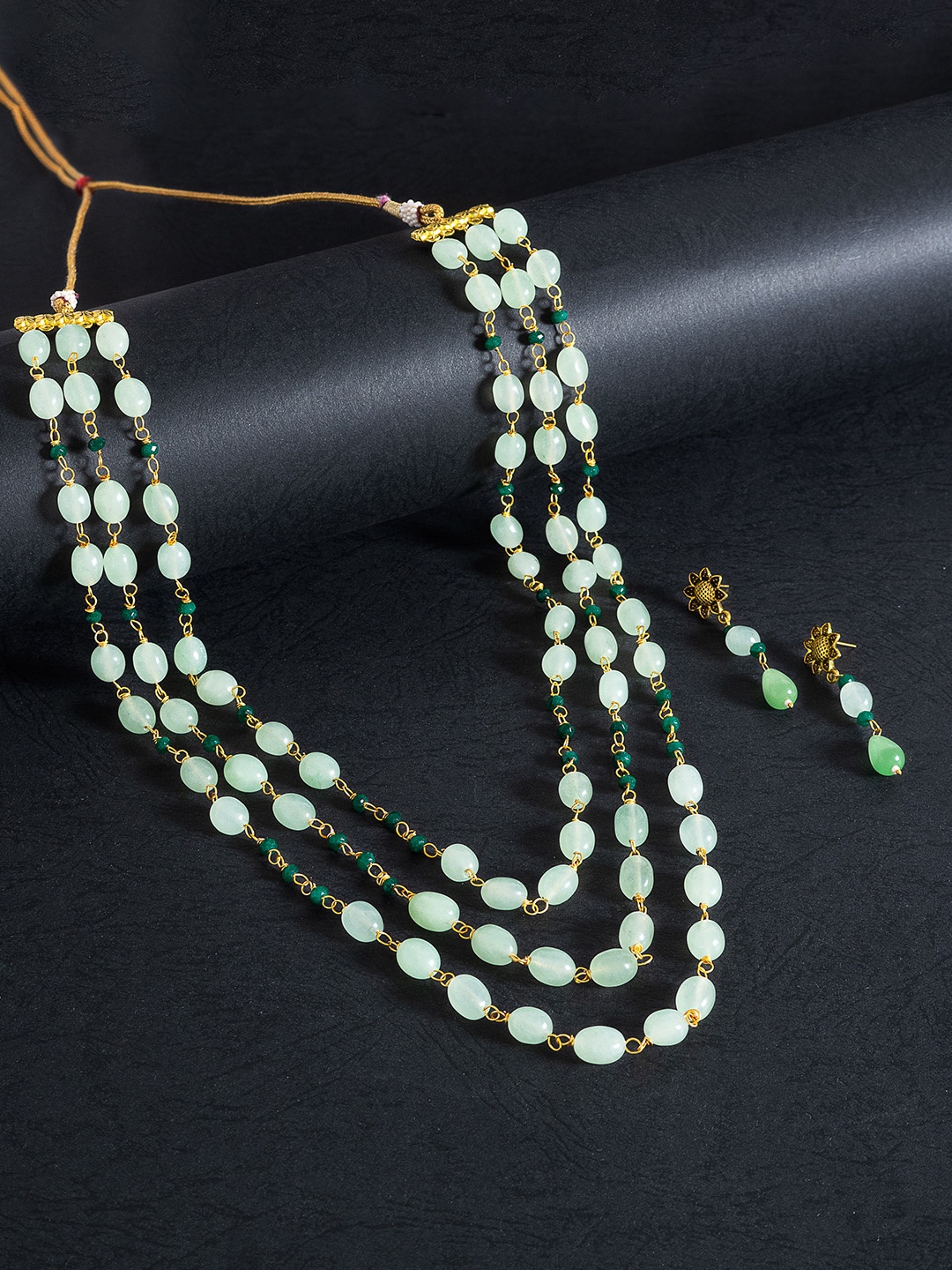 

Golden Peacock Women Gold-Toned & Green Beaded Layered Necklace & Earrings