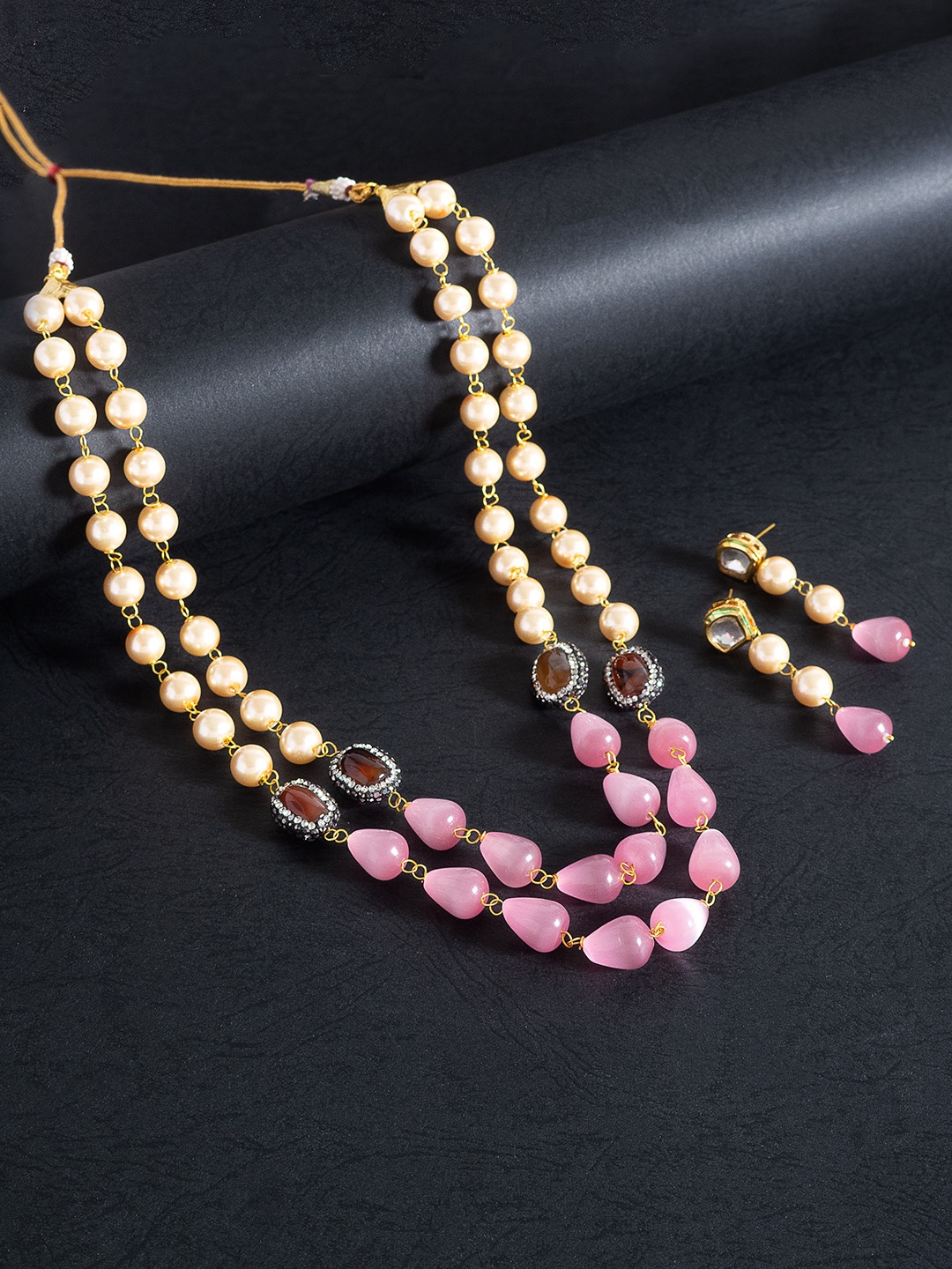 

Golden Peacock Women White & Pink Quartz Beaded Layered Necklace & Earrings