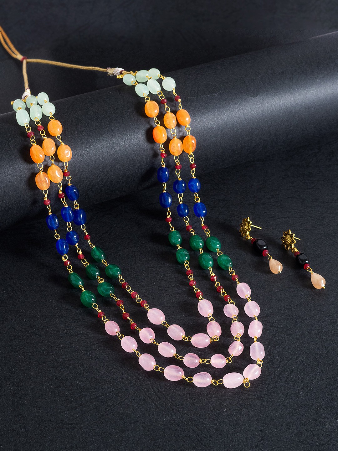 

Golden Peacock Women Green & Pink Stone Studded Layered Jewellery Set