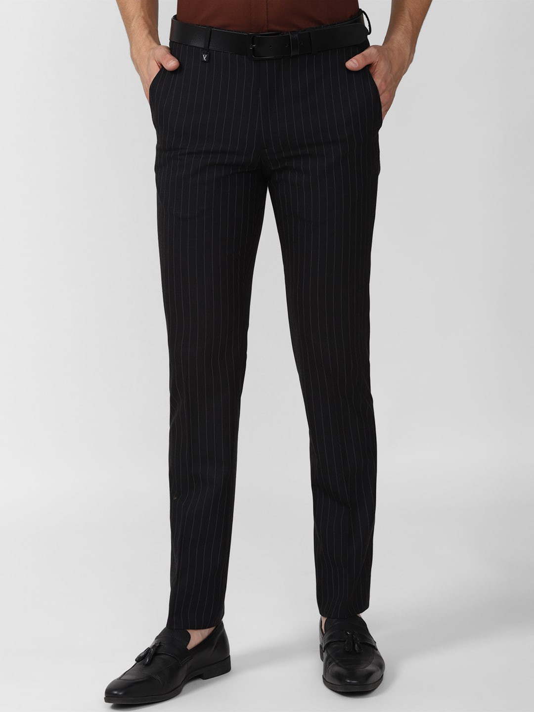 

V Dot Men Black Striped Skinny Fit Formal Trousers
