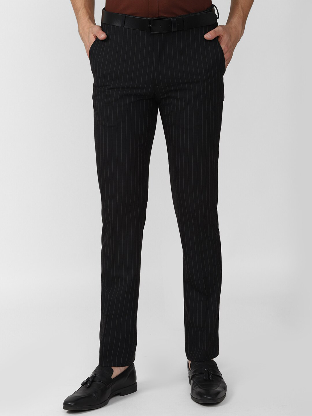 

V Dot Men Black Striped Slim Fit Trousers