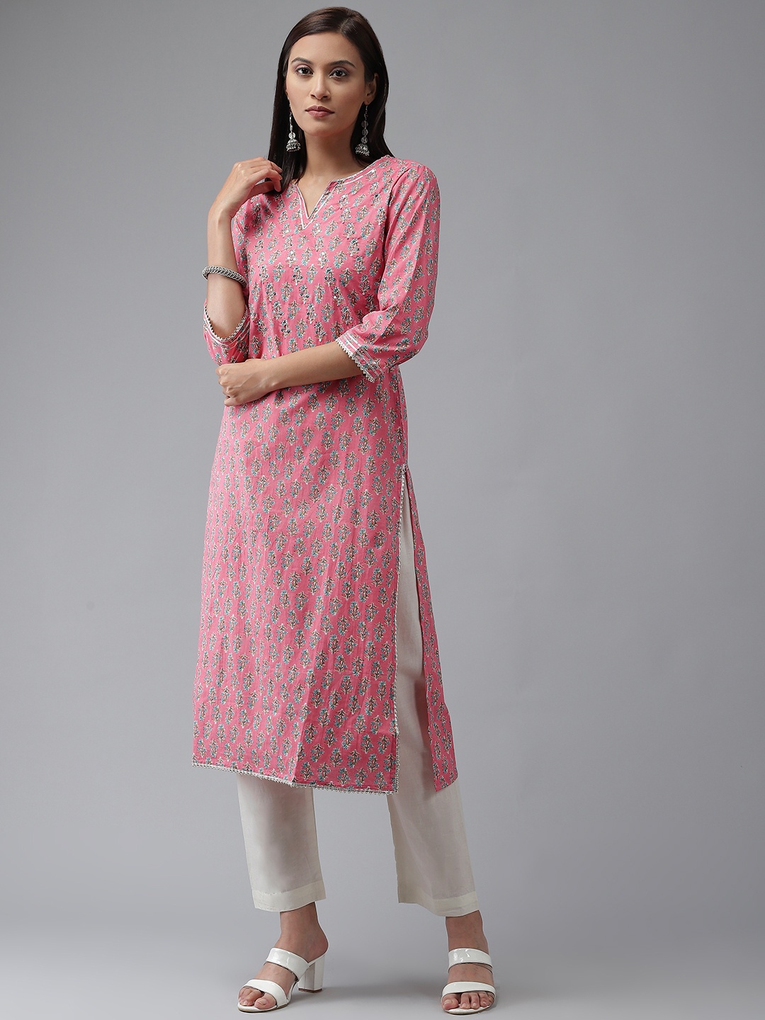 

Amirah s Women Pink Ethnic Printed Gotta Patti Sequin Work Pure Cotton Kurta
