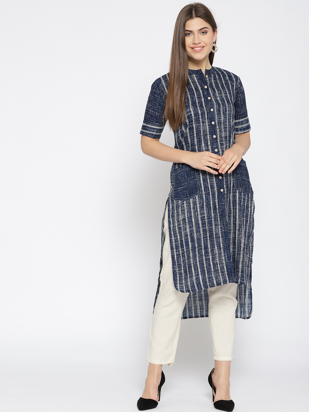

Indibelle Women Blue Striped Straight Kurta