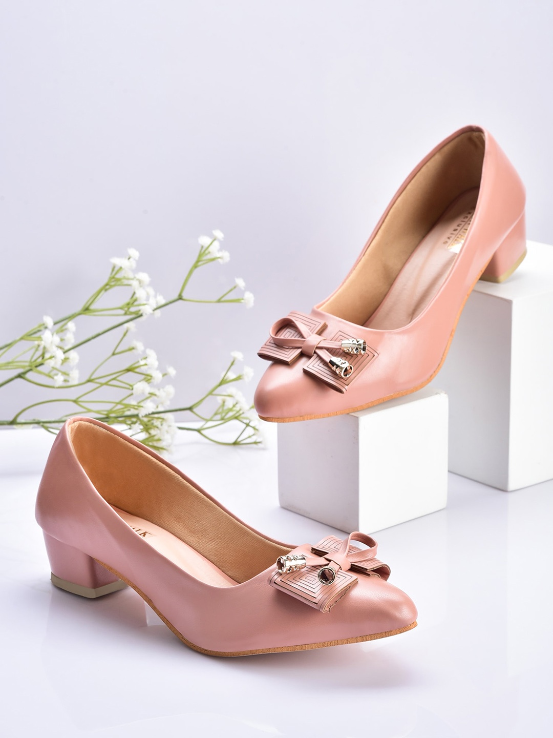 

Moonwalk Pink Embellished Block Pumps with Bows