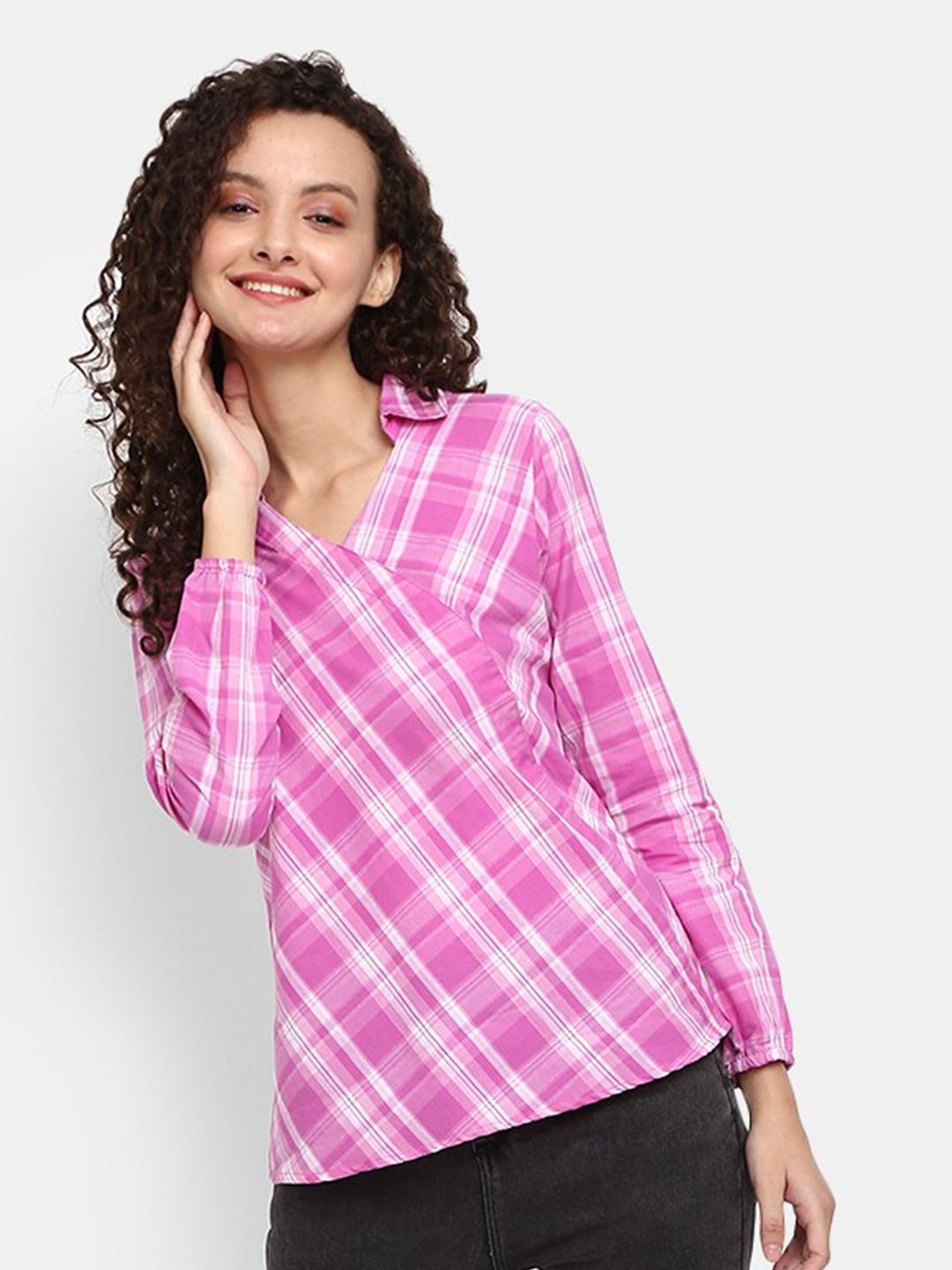 

V-Mart Pink & White Checked Wrap Top