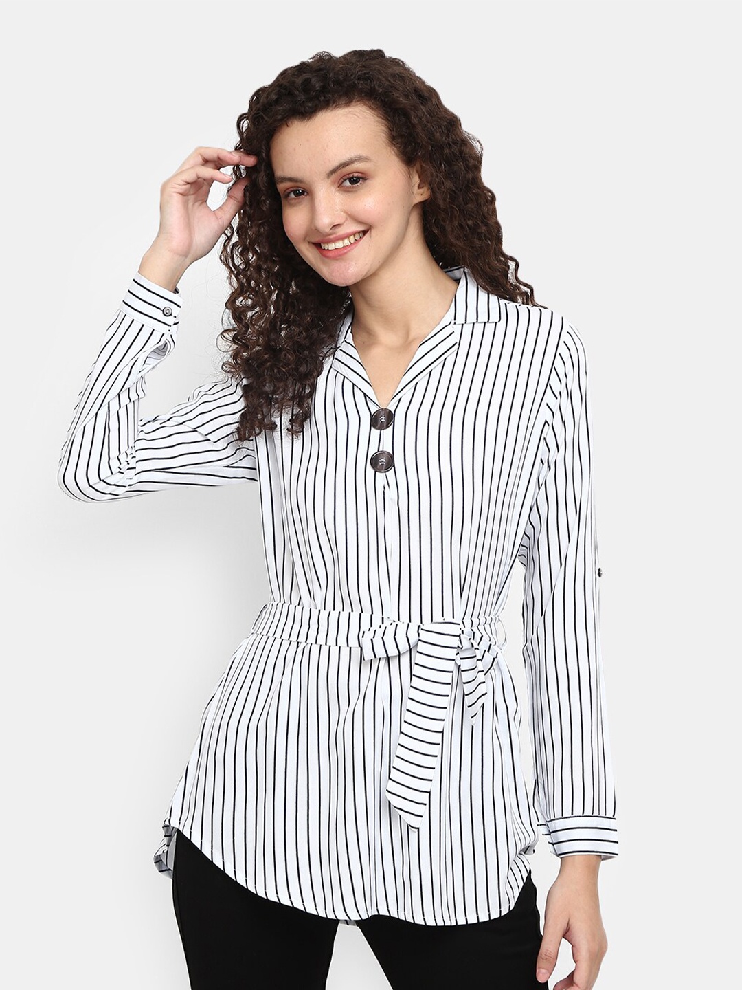 

V-Mart White & Black Striped Shirt Style Top