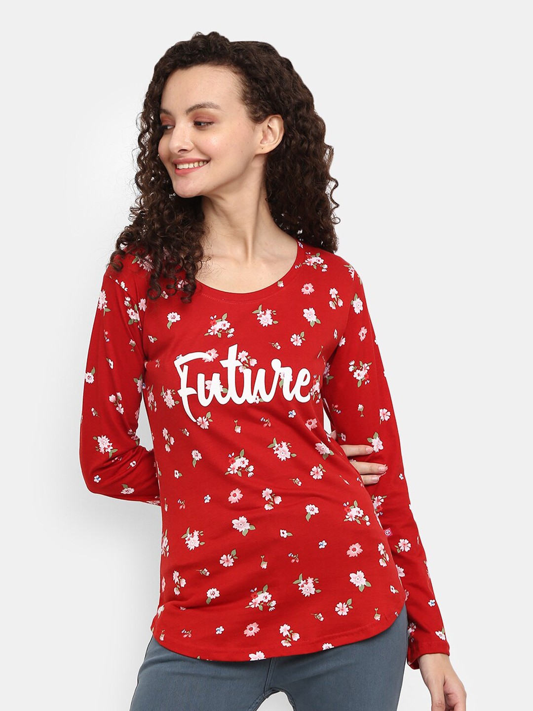 

V-Mart Women Red & White Pure Cotton Floral Print Top