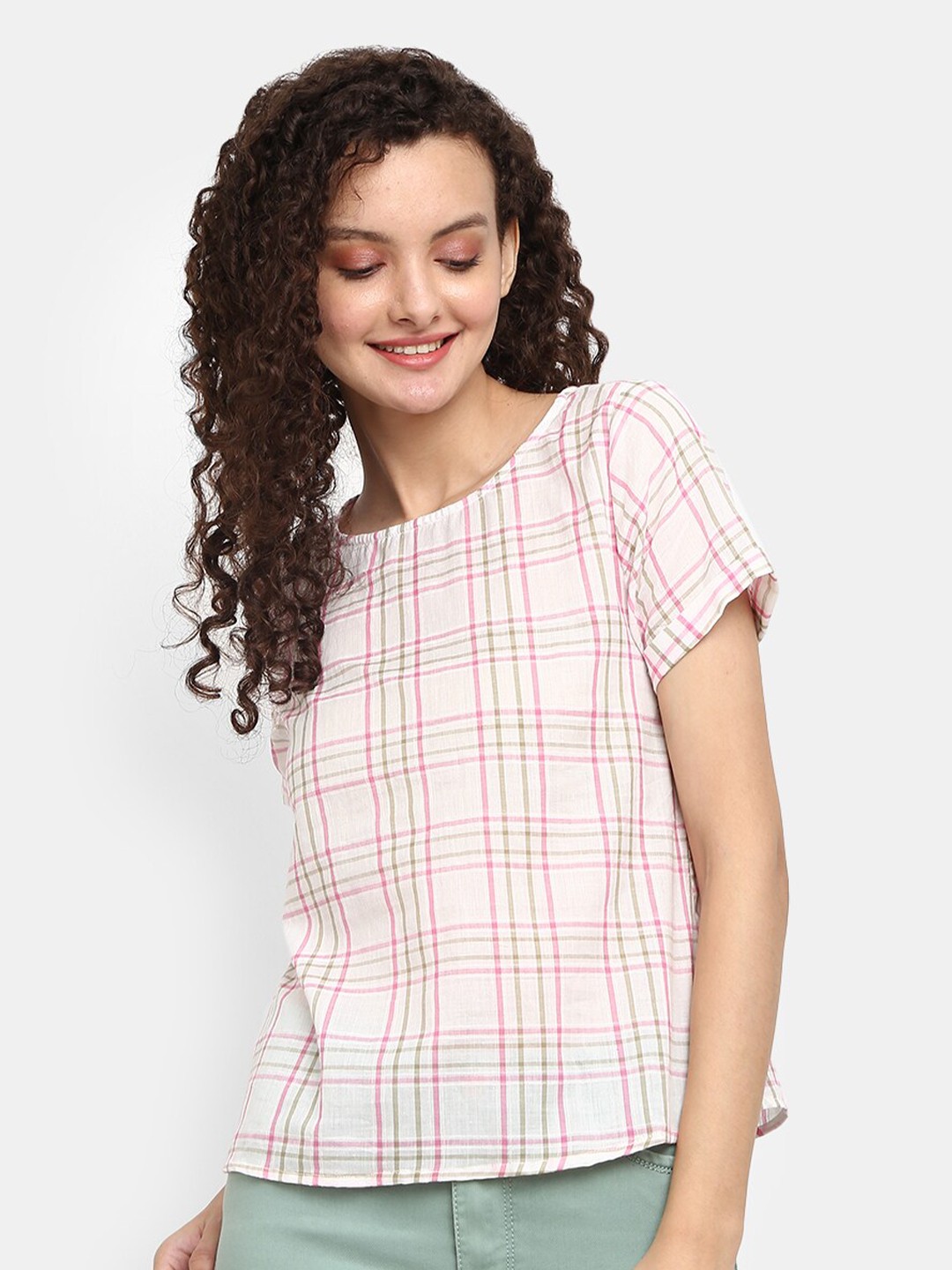 

V-Mart Women White & Pink Checked Cotton Round Neck Top