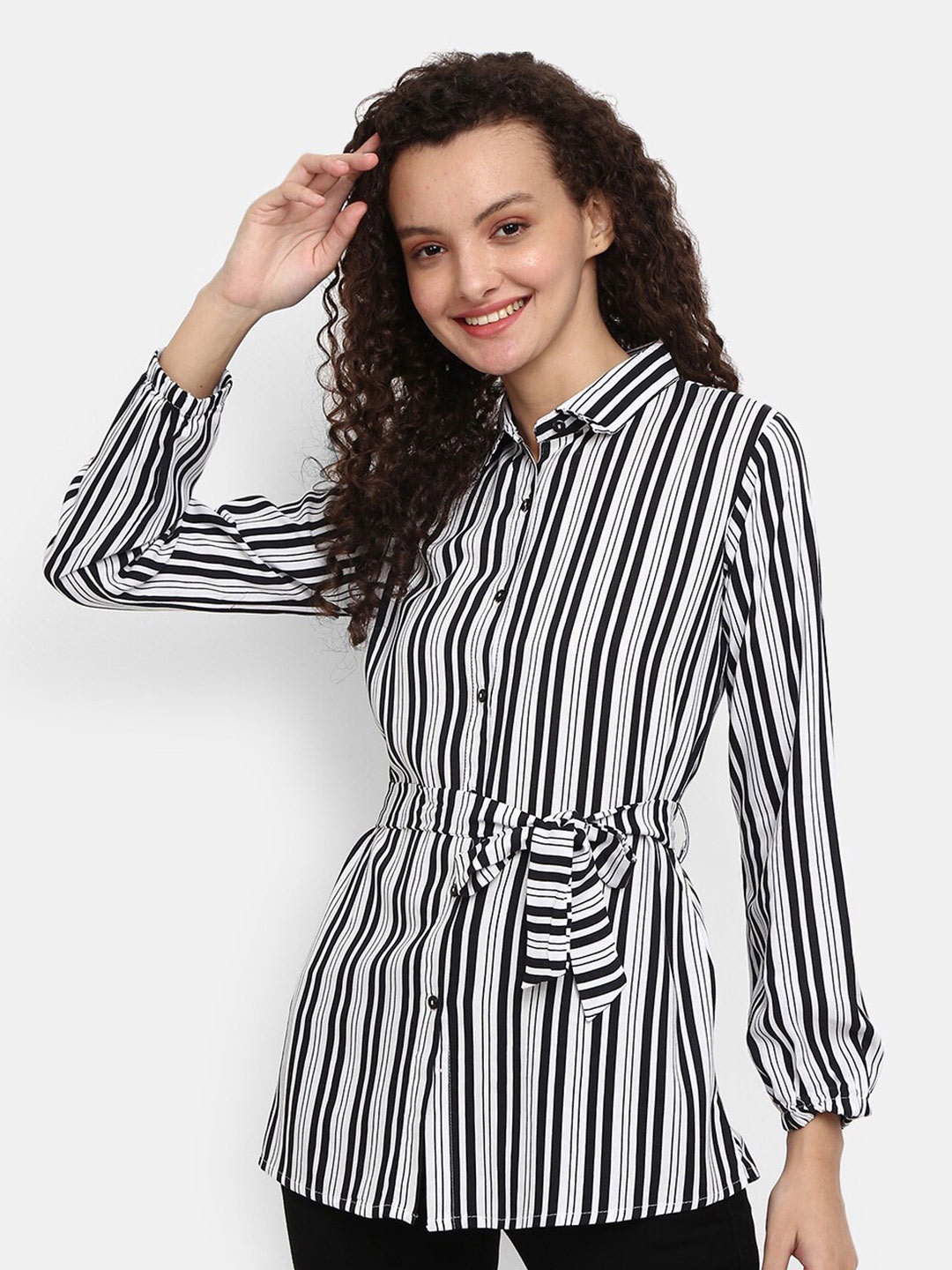 

V-Mart Black & White Striped Shirt Style Top