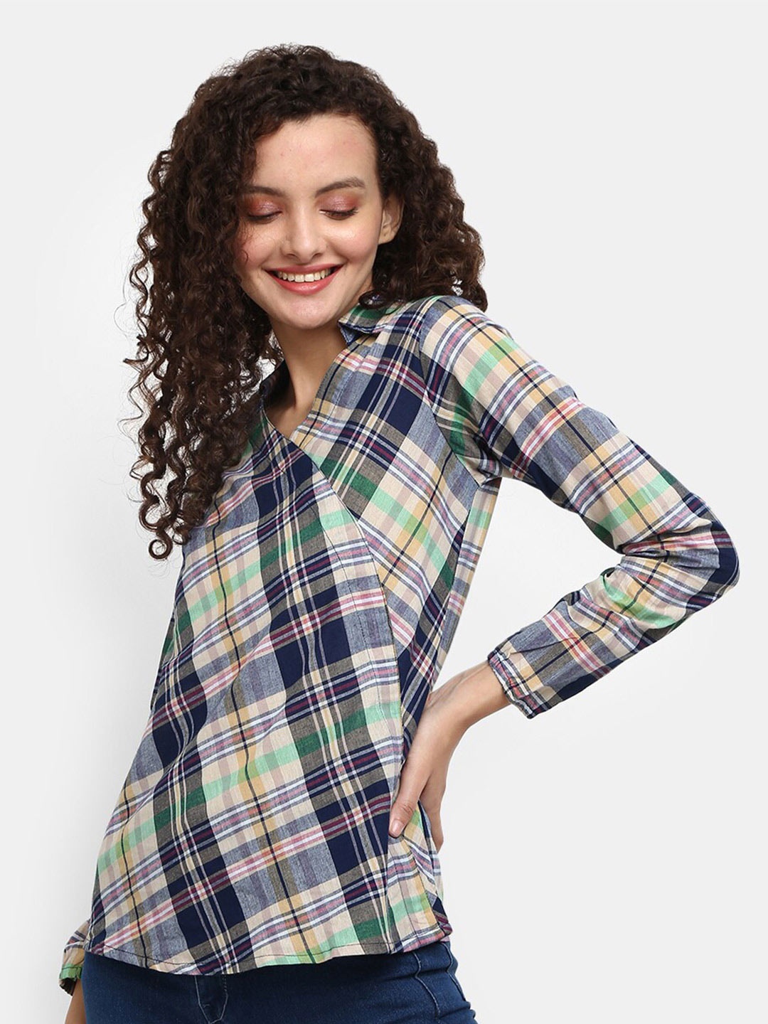 

V-Mart Navy Blue & Yellow Checked Wrap Top