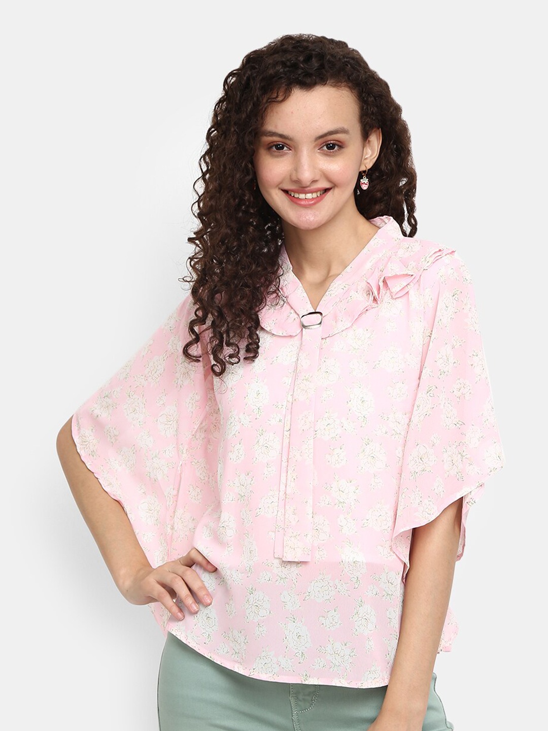 

V-Mart Pink & White Floral Printed Tie-Up Neck Top