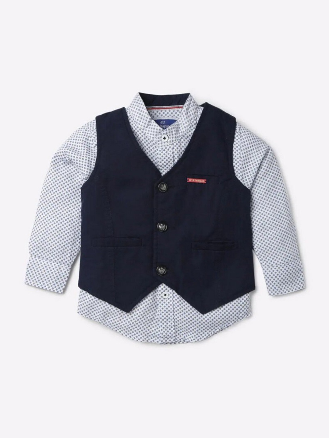 

612League Boys Blue Classic Cotton Printed Formal Nehru Jacket Shirt