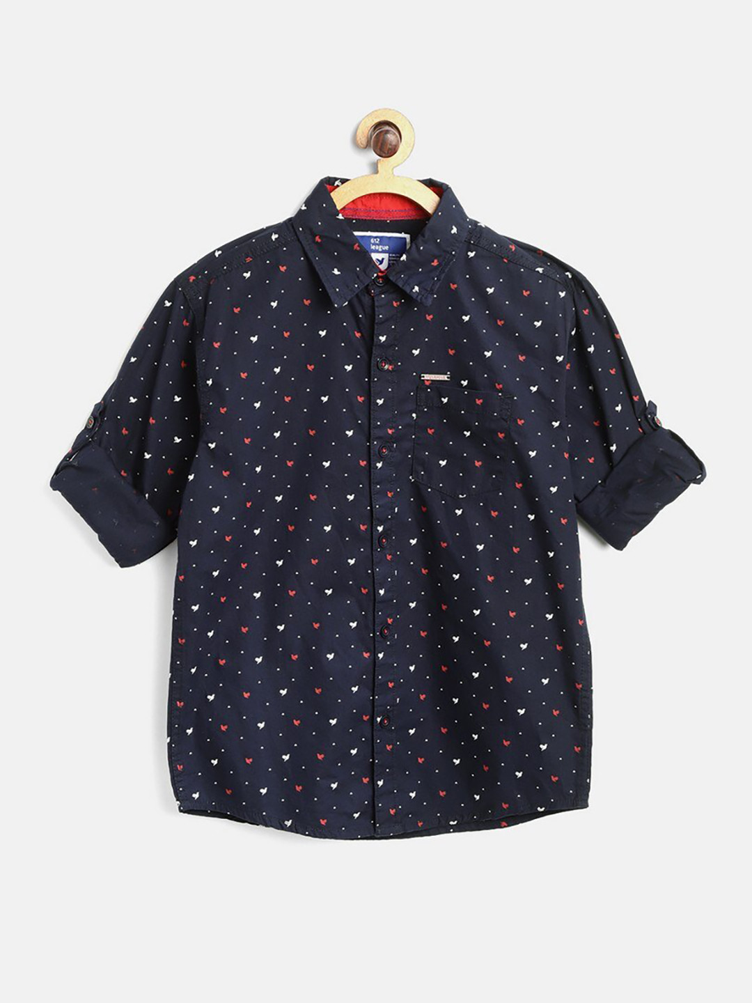 

612League Boys Navy Blue Classic Printed Cotton Casual Shirt
