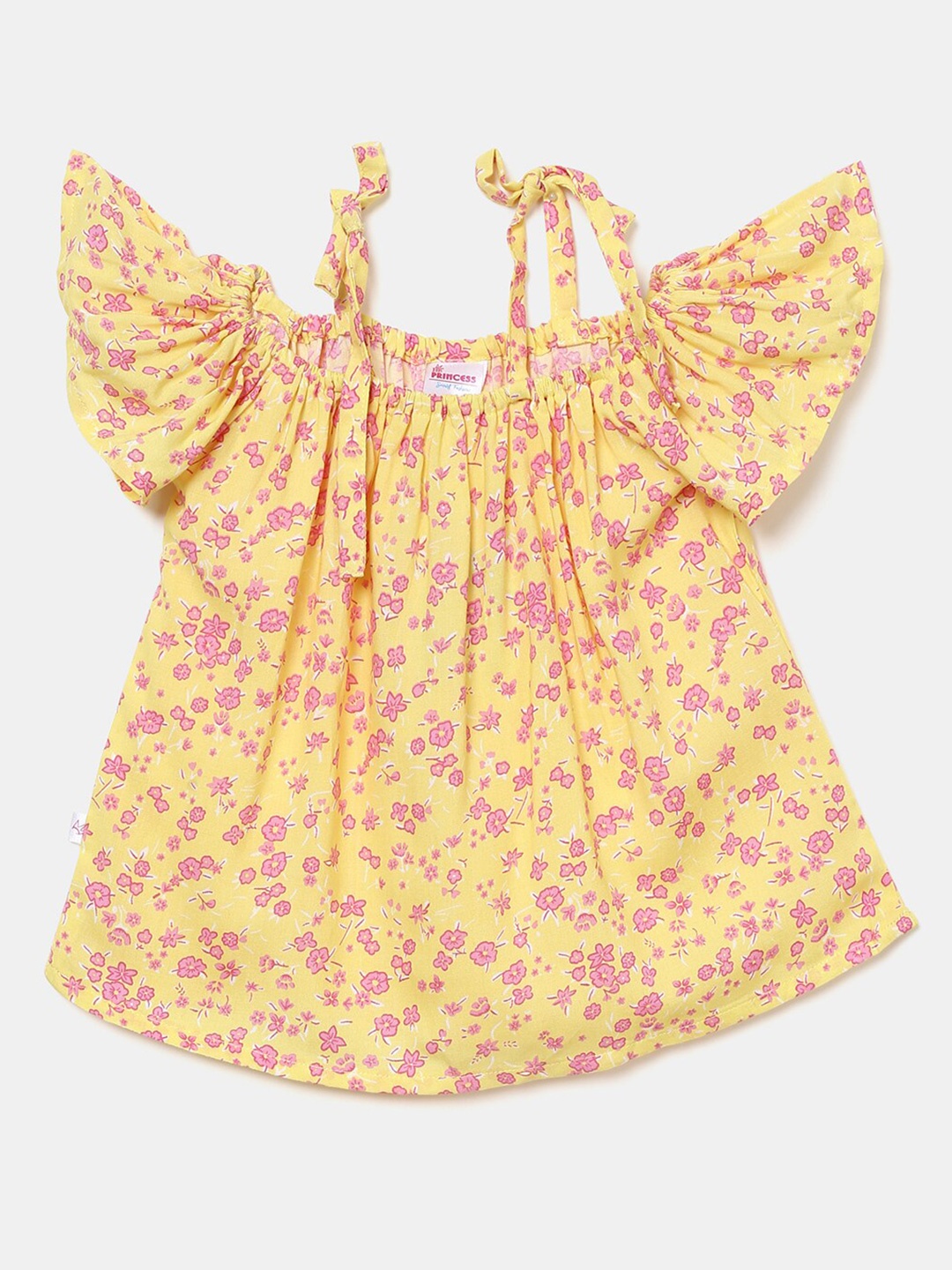 

V-Mart Girls Yellow & Pink Floral Printed Shoulder Straps Chiffon Top